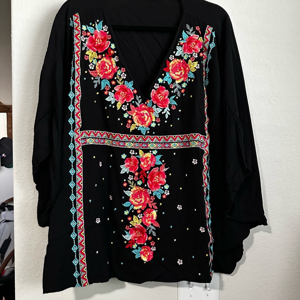 Floral Embroidered Black Top